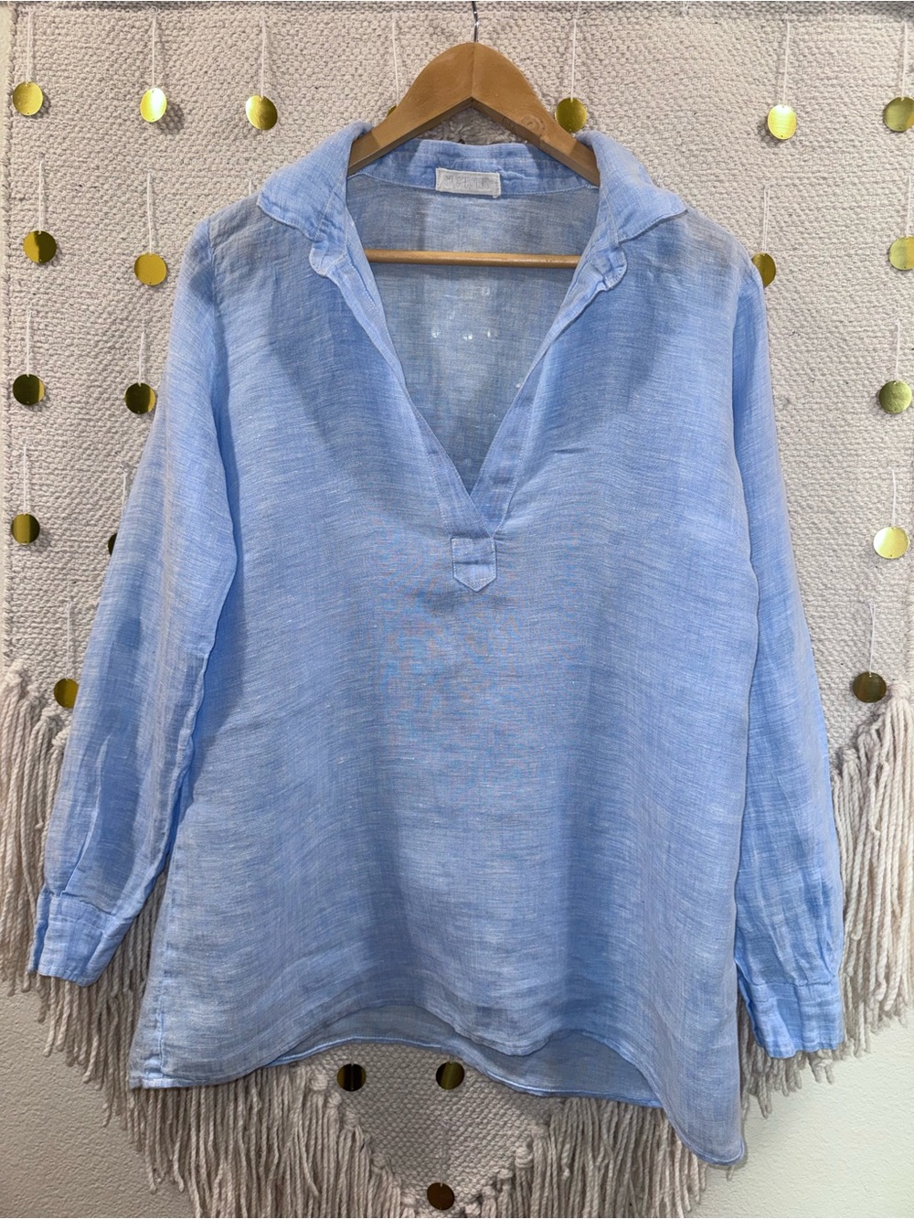 Light Blue Linen V-Neck Popover Tunic Long-Sleeve Top